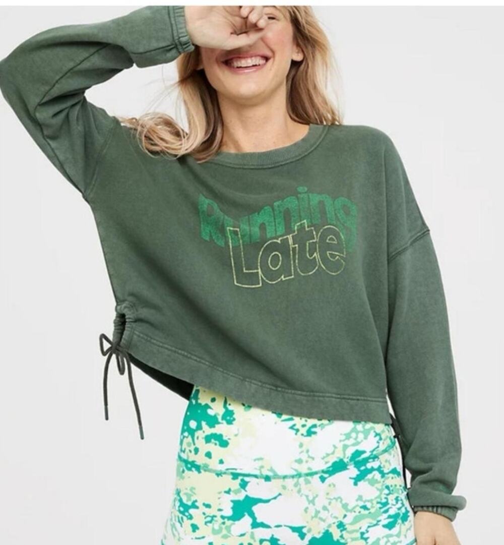Aerie Running Late Green Graphic Sweatshirt Pullover Crew 100% Cotton Sz M